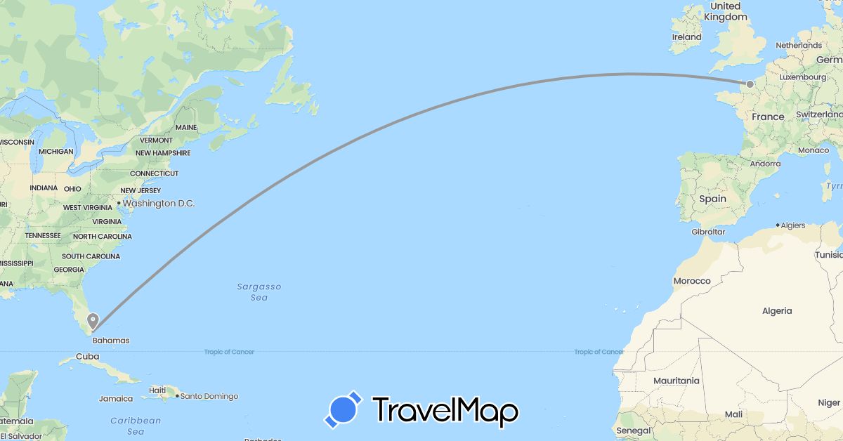 TravelMap itinerary: driving, plane in France, United States (Europe, North America)